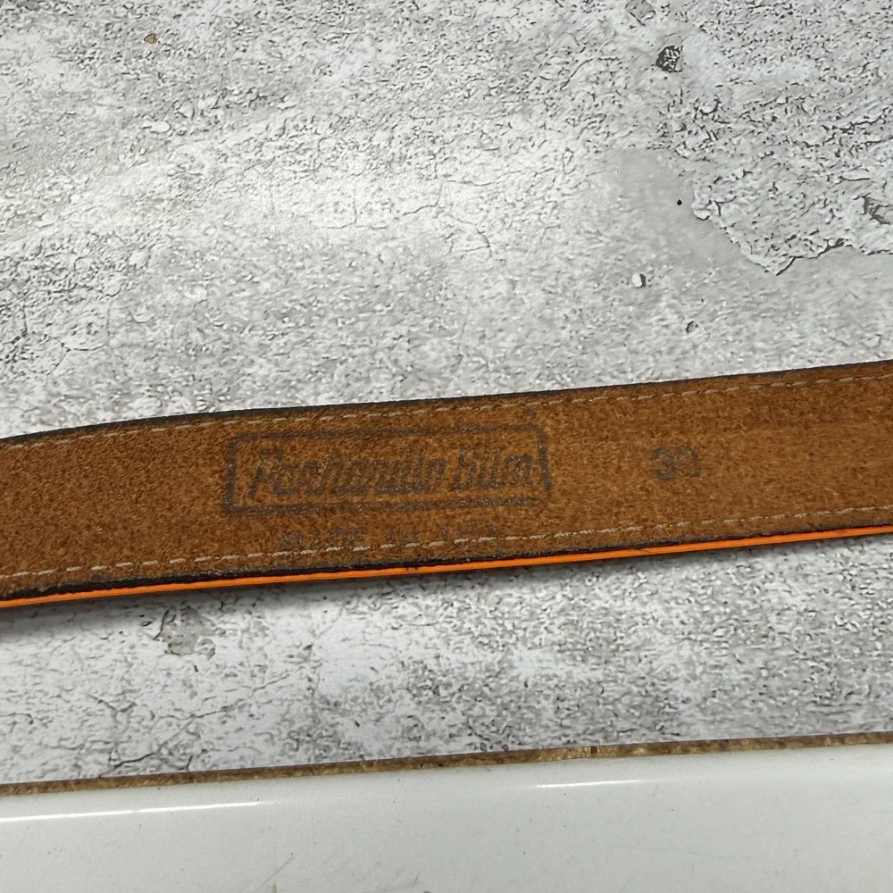 Panhandle Slim Western Belt 30 Black Leather Heart Stitch Orange Trim Buckle